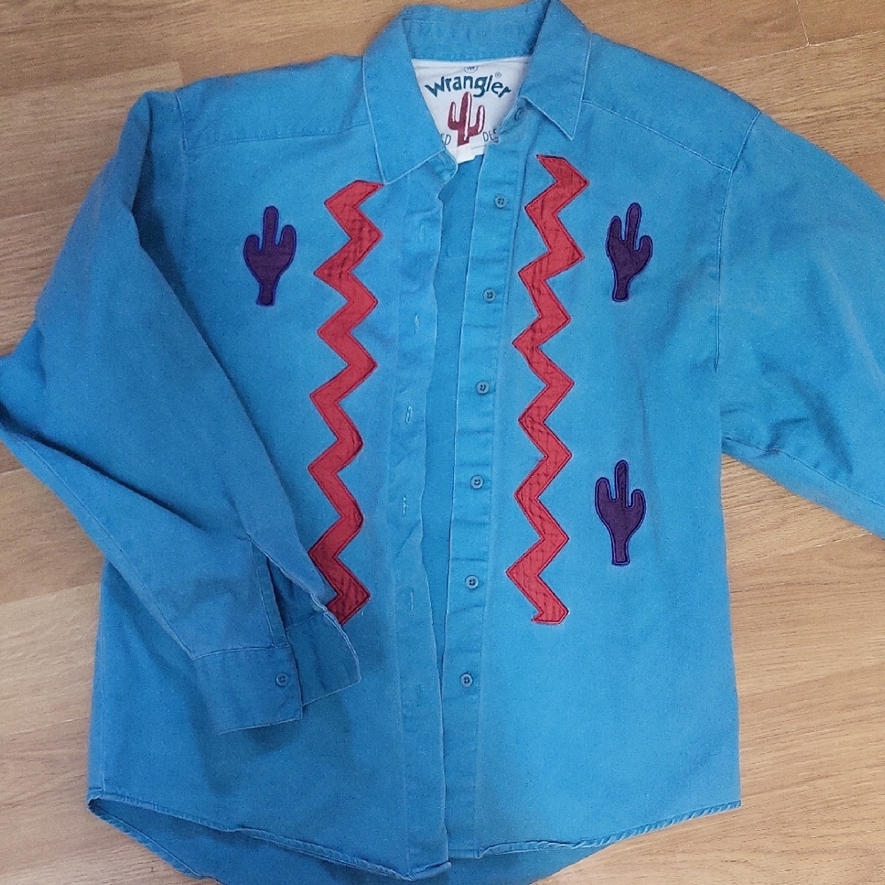 Vtg 1980 Wrangler Southwestern Blue and Red Button Down Shirt